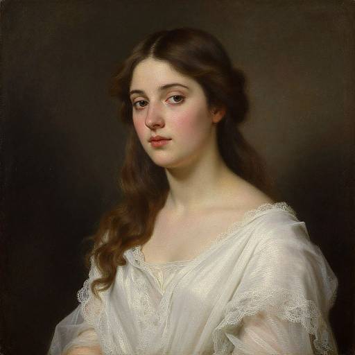 Realistic oil painting of a young, fair-skinned woman with long brown hair, wearing a white, lace-trimmed dress, against a dark