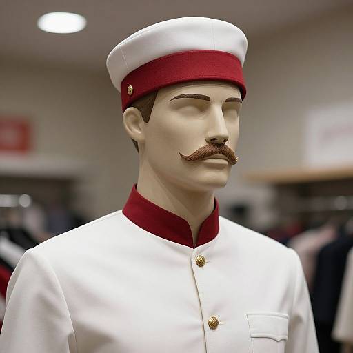 Photograph of a male mannequin in a white naval uniform with red collar and hat, featuring a brown mustache, in a brightly-lit