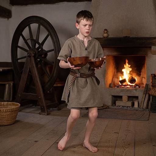 Photograph of a young boy in a brown medieval tunic, barefoot, holding wooden bowls, standing near a roaring fireplace and large wooden wheel in