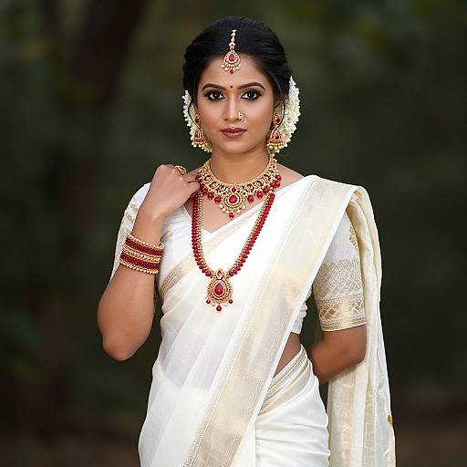 Photograph of an Indian bride in a white saree with gold jewelry, red gemstones, and ornate earrings, standing against a dark forest background