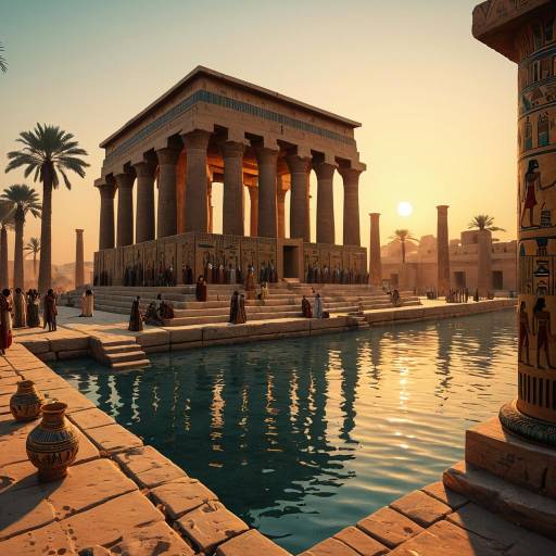 Ancient Egyptian Riverside Temple at Sunset