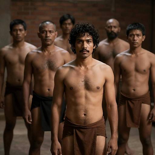 Dramatic Gathering of Shirtless Men