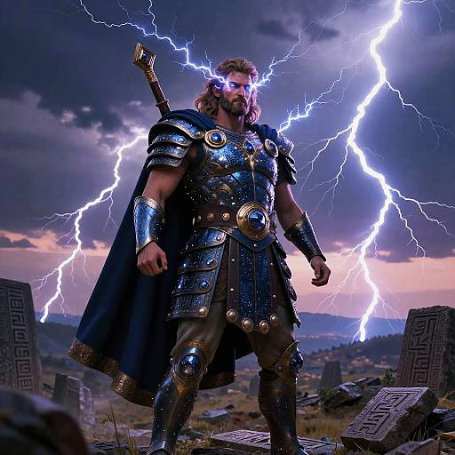 Photorealistic CGI of a muscular, bearded warrior with glowing blue eyes, wearing metallic armor and a dark cape, standing amidst lightning bolts in a