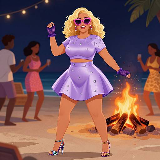 Digital illustration of a curvy blonde woman in a white, sparkly crop top and skirt, pink sunglasses, and high heels, dancing by a beach
