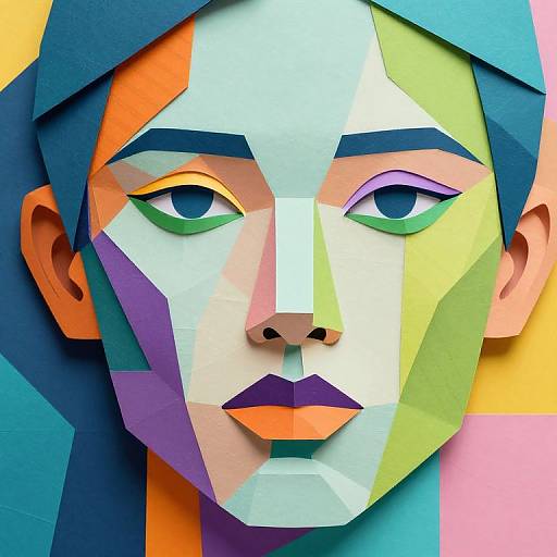 Vibrant digital pop art portrait of a woman with geometric, multicolored face, blue hair, green eyes, purple lips, and bold colors
