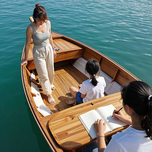 Photograph of three people in a wooden boat on calm blue water; woman in beige dress stands, two children write on white paper.