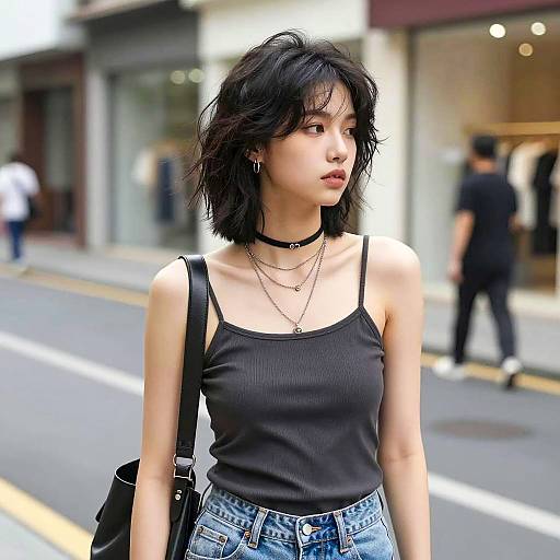 Young Woman in Black Top on Street