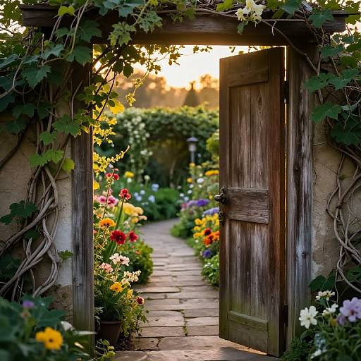Photograph of a rustic wooden door ajar, framed by ivy, opening to a vibrant, sunlit garden path with colorful flowers.