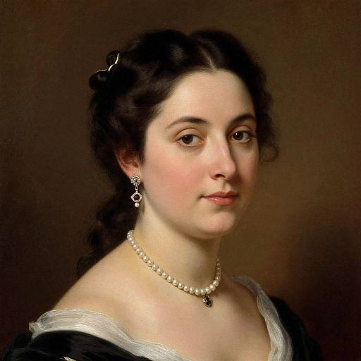 Photorealistic painting of a young woman with fair skin, dark hair in a braid, wearing a pearl necklace, earrings, and black dress.