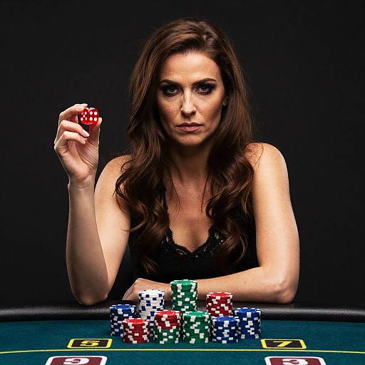 Photograph of a serious, dark-haired woman in a black lace top, holding a red poker chip over a table of colorful stacked chips against a black