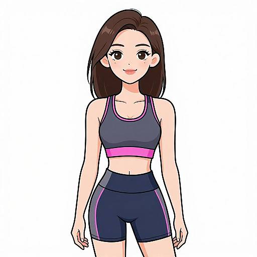 Digital anime-style drawing of a smiling young woman with straight brown hair, wearing a dark gray sports bra with a pink band and black high-waisted