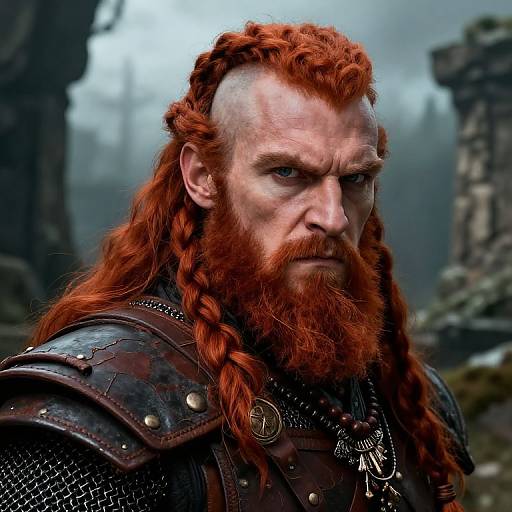 Photograph of a fierce, bearded Viking warrior with long, braided red hair, wearing dark, armored medieval clothing, set against a misty