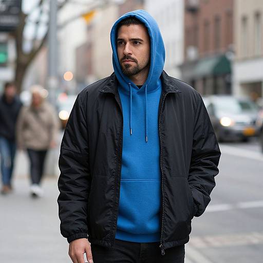 Photograph of a bearded man in a blue hoodie and black jacket, standing on a city street, blurred pedestrians and buildings in the background.