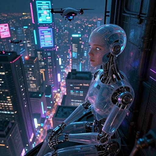 Neon-lit cyber cityscape at night, robotic woman with glowing blue eyes sits in a high-rise window, drones fly overhead. Futuristic,