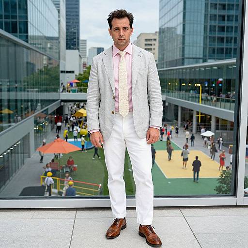 Photograph of a handsome man with dark hair in a white suit, pink shirt, and brown shoes, standing in front of a cityscape window with