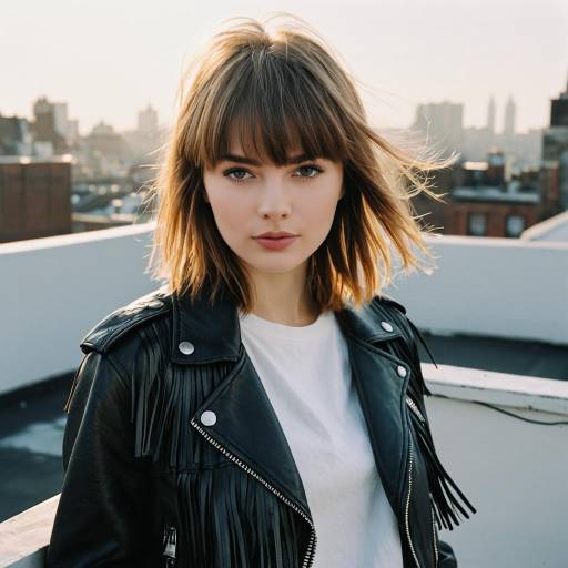 Fashion Model with Shaggy Fringe Hairstyle on Rooftop