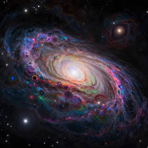 Photograph of a vibrant spiral galaxy with a bright, glowing core, surrounded by colorful nebulae and star clusters against a dark, star-studded