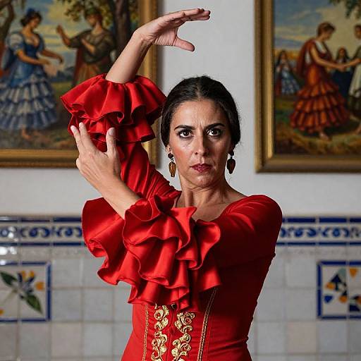Photograph of a Latina woman with dark hair, wearing a vibrant red ruffled dress, performing a flamenco dance against a tiled wall with traditional paintings