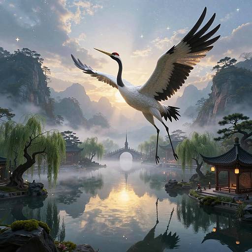 Ethereal Crane Over Tranquil Valley