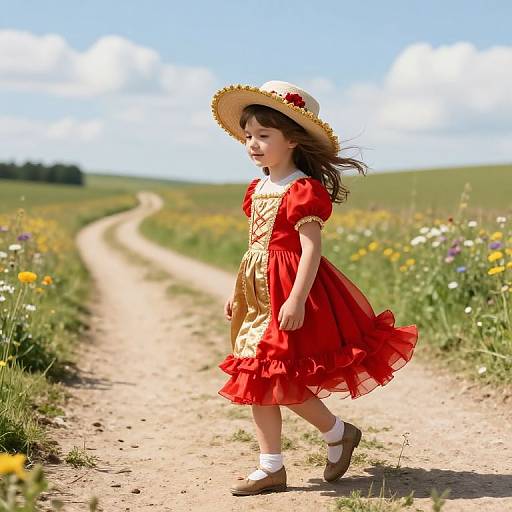 Girl in Red Dress on Meadow Path