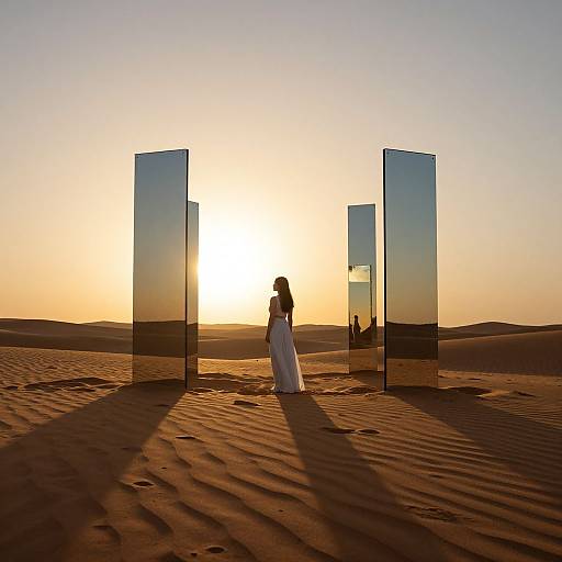 Silhouetted bride in white gown stands between reflective metal panels in golden desert sunset, casting long shadows on sand. Photographic image.