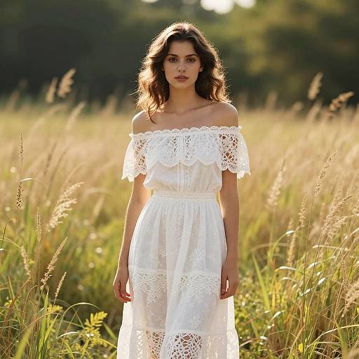 Photograph of a young woman with wavy dark hair, wearing an off-the-shoulder white lace dress, standing in a sunlit field of