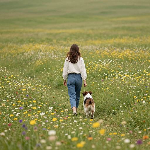 Woman and Dog in Wildflower Field