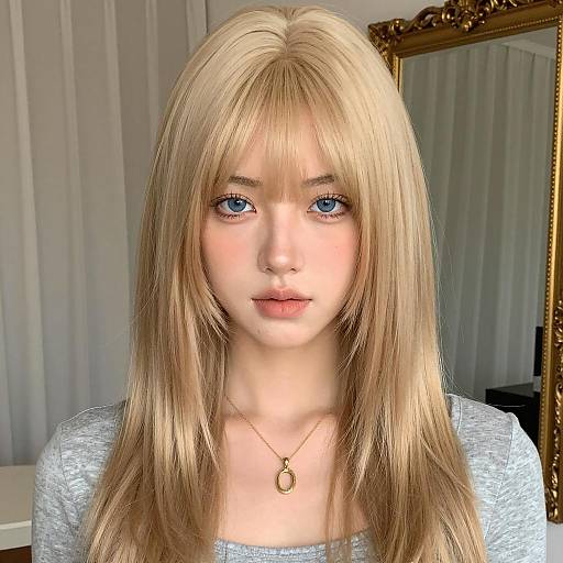 Young Woman with Honey Blonde Hair and Blue Eyes