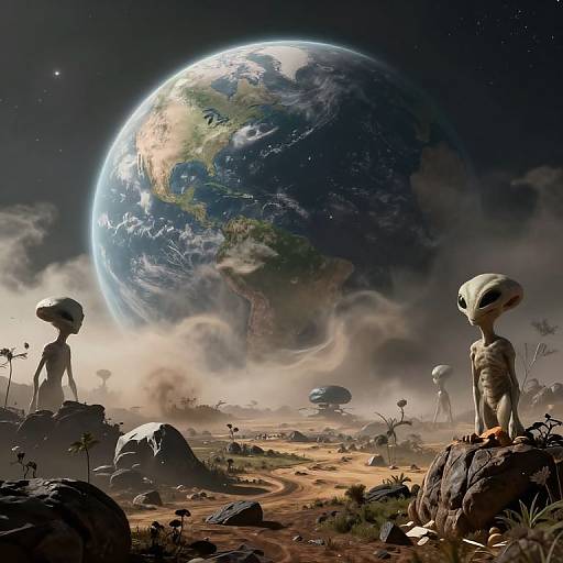 Digital art: Alien landscape with two small, humanoid aliens with large heads, standing on rocky outcrops, facing a massive, illuminated Earth in a