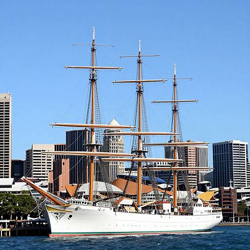Photograph of a white, three-masted sailing ship docked in front of a modern city skyline with tall, glass skyscrapers under a clear
