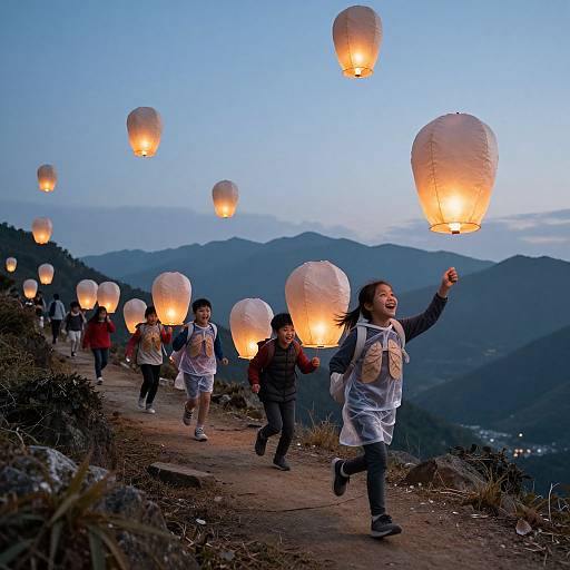 Photograph of children joyfully releasing glowing paper lanterns on a mountain path at dusk, with mountains and blue sky in background.