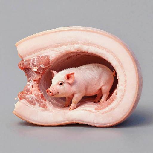 Photograph of a small pink piglet standing inside a hollowed-out, cracked open pig's ear-shaped object against a light blue background.