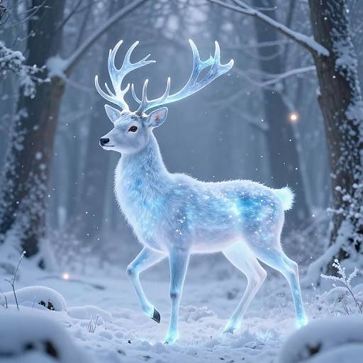 Photorealistic digital artwork of a glowing white deer with large antlers standing in a snow-covered forest at night.