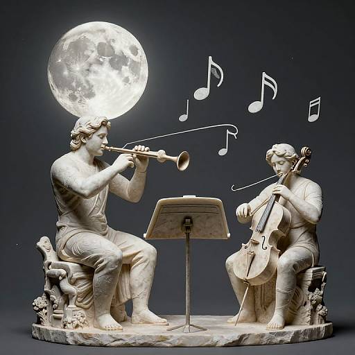 Stone Statue Orchestra Playing Under Moonlight