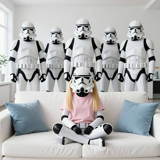 Photograph of a young girl in a pink shirt, white Stormtrooper helmet, and black-and-white leggings, sitting cross-legged on a white couch
