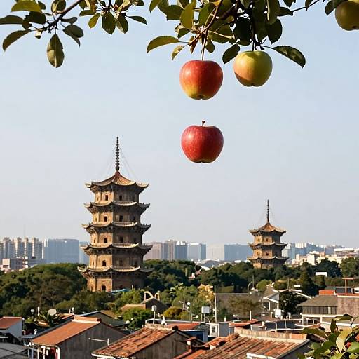 Photograph of two traditional Chinese pagodas with green roofs, surrounded by trees, in an urban setting, with two apples hanging from a branch in