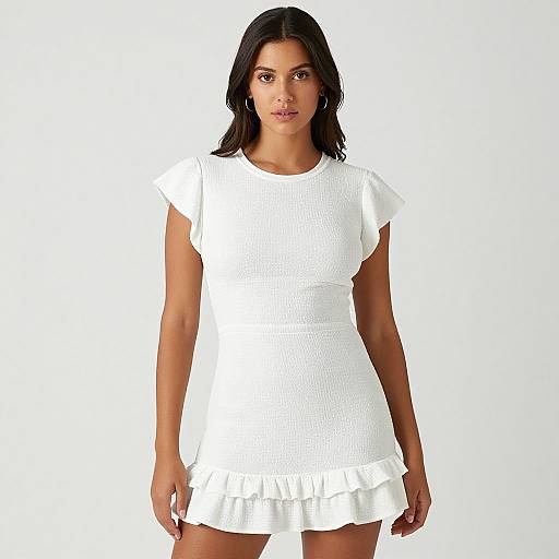 Photograph of a dark-haired woman with medium brown skin wearing a white, short-sleeved, textured dress with a ruffled hem, standing against