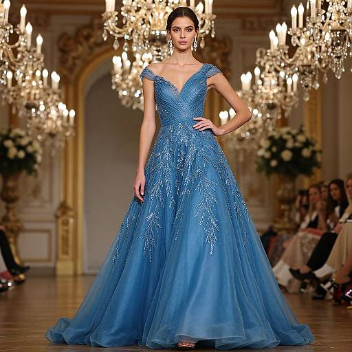 Photograph of a slender woman with dark hair in a blue, sparkling, V-neck ball gown, modeling in a luxurious, chandelier-lit room