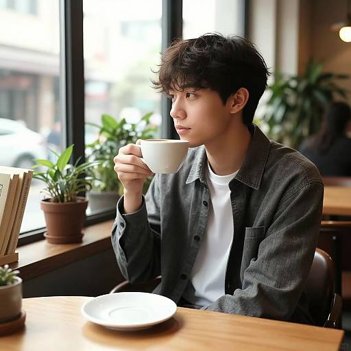 Photograph of a young man with short, dark hair, wearing a gray denim jacket over a white t-shirt, sipping coffee in a bright,