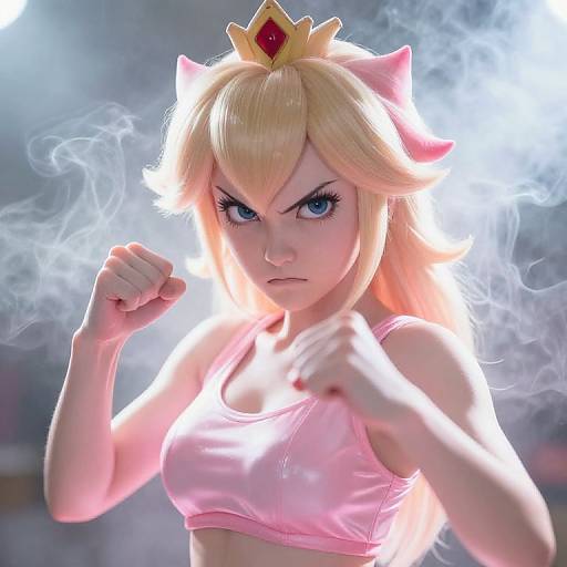 Digital artwork of Princess Peach, with blonde hair, blue eyes, pink crown, and sports bra, punching with smoke in the background.