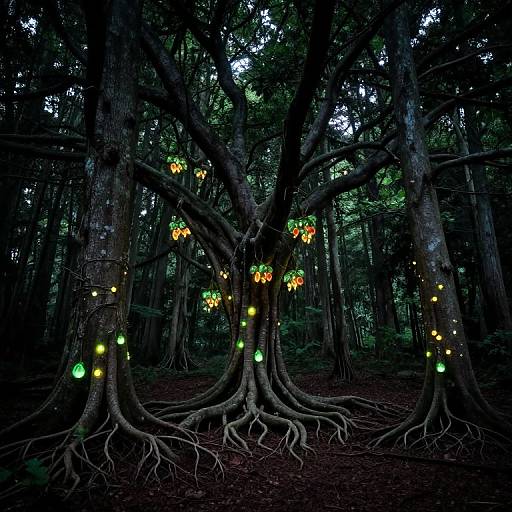 Photograph of a dark forest with large trees adorned with glowing orange and green lanterns, illuminating the dense, shadowy woods.