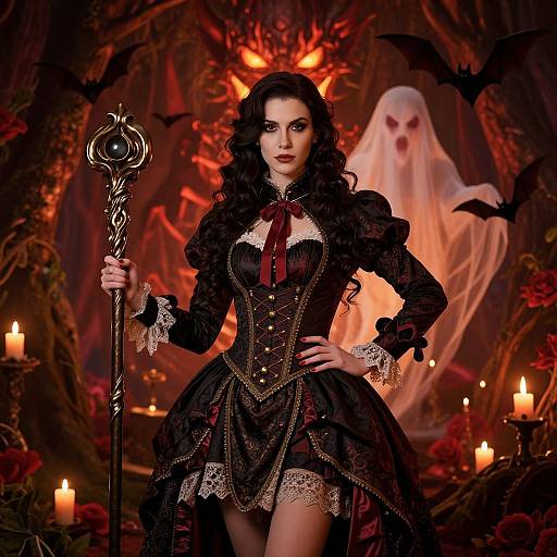 Gothic witch in black lace dress, holding ornate staff, stands before glowing candles and ghost, surrounded by bats and red roses.