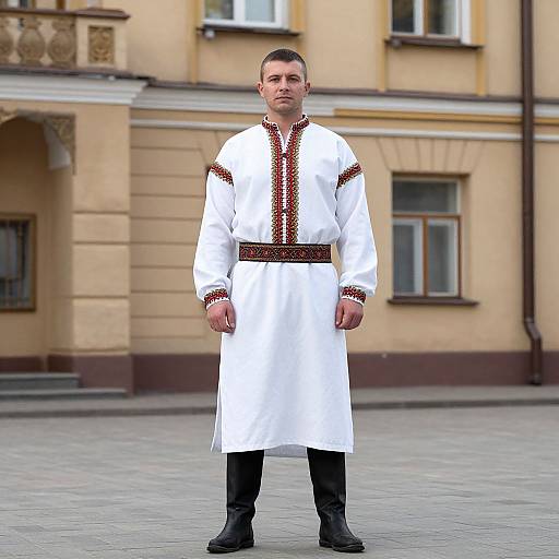 Photograph of a young, Caucasian man with short brown hair, wearing a white long-sleeve tunic with brown trim, black pants, and