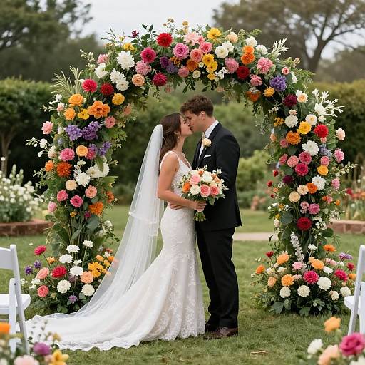 Bride and Groom Kissing Under Floral Arch