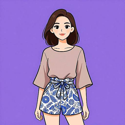 Digital anime-style drawing of a smiling woman with brown hair, wearing a beige top and blue floral shorts, against a purple background.