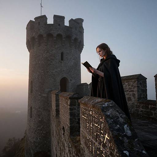 Photograph of a woman in a black cloak reading a book on a medieval stone castle battlement at sunrise.