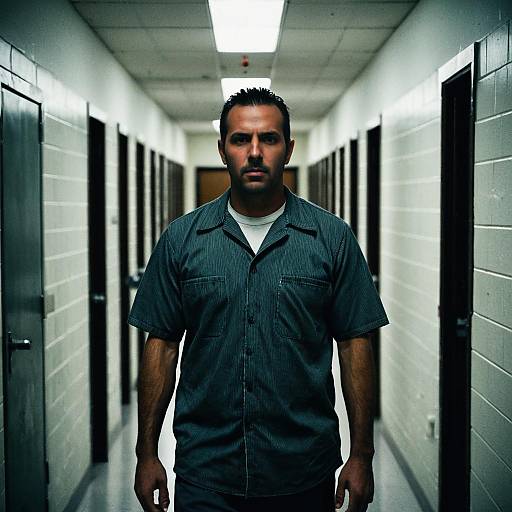 Photograph of a serious, dark-haired man in a gray striped shirt standing in a long, white-walled hallway with fluorescent lights.