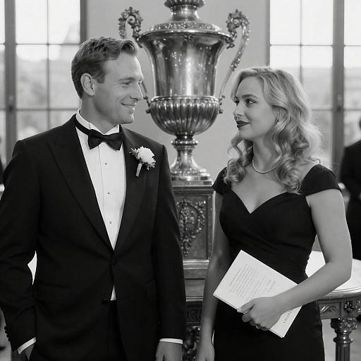 Elegant Couple Beside Ornate Silver Urn
