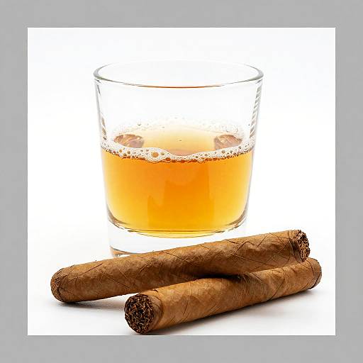 Photograph of a glass with amber liquid, topped with bubbles, and two brown, textured cigars resting in front on white background.