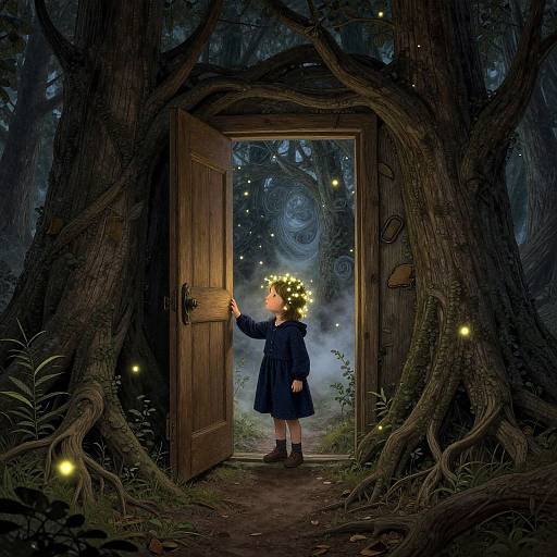 Fantasy illustration of a child in a dark dress, crowned with glowing lights, standing in a wooden doorway into a mystical, moonlit forest with floating